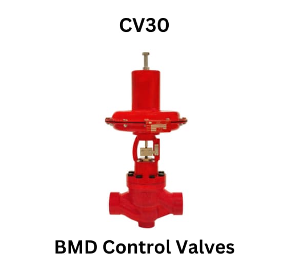  Image of a red valve marked with BMD Control Valves and the model CV30 for identification